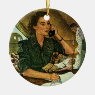 Ornamento De Cerâmica Vintage Patriótico, Enfermeira Médica ao Telefone