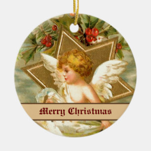 Ornamento De Cerâmica Vintage, pequeno anjo de Natal e estrela