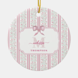 Ornamento De Cerâmica Vintage Pink Floral Coquette Bow Monogram