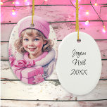 Ornamento De Cerâmica Vintage Pink Little Girl Christmas Personalizado<br><div class="desc">Bonito vintaginha no chapéu de inverno segurando uma caixa de presentes rosa retro-nostálgica Enfeites de natal de vibração para aqueles que gostam de um Natal antiquado. Joyeux Noël.</div>