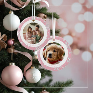 Ornamento De Cerâmica Vintage Pink Snowflakes Família Natal 2 Fotos