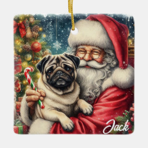 Ornamento De Cerâmica Vintage Pug personalizado com Papais noeis