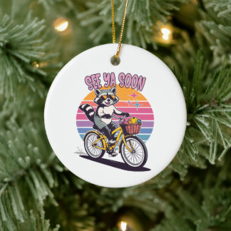 Ornamento De Cerâmica Vintage Raccoon Biking See Ya Soon Retro Sunset 