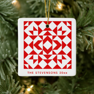 Ornamento De Cerâmica Vintage Red Christmas Geométrico Quilt Personaliz