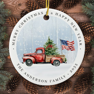 Ornamento De Cerâmica Vintage Red Christmas Truck Patriotic USA Flag