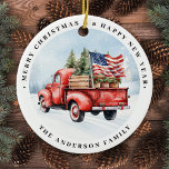Ornamento De Cerâmica Vintage Red Christmas Truck Patriotic USA Flag<br><div class="desc">Vintage Red Truck Enfeites de natal Capturar o espírito dos feriados com nosso Enfeites de natal Vintage Red Truck — uma manutenção festiva que encarna o calor e a nostalgia dos encontros familiares. Este encantador ornamento apresenta um clássico caminhão vermelho carregando uma bandeira americana muito detalhada, fazer-a como o complemento...</div>