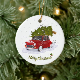 Ornamento De Cerâmica Vintage Red Retro Car Levando Árvore de Natal Para