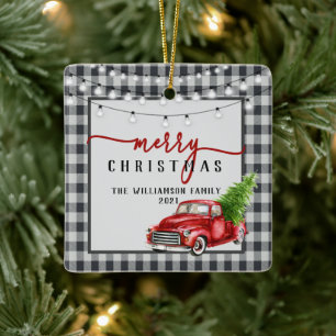 Ornamento De Cerâmica Vintage Red Truck e Tree Feliz Family