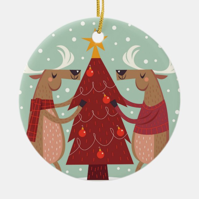 Ornamento De Cerâmica Vintage renas Natal (Frente)