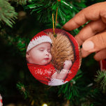 Ornamento De Cerâmica Vintage retro Baby's First Christmas<br><div class="desc">Um script retrô para este ornamento de fotos da árvore de Natal. Para personalizar com a sua imagem de família favorita. O presente perfeito para celebrar o primeiro Natal do seu bebê. Você também pode mudar facilmente a cor da fonte para seu gosto.</div>