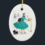 Ornamento De Cerâmica Vintage Retro Christmas Woman com Scotty Dog<br><div class="desc">Vintage Retro Christmas Woman com um ornamento de Natal Scotty Dog. Você pode personalizar isto no verso com texto do jeito que gostaria e decorar uma árvore de férias com ele ou enviá-lo para a família e amigos para a temporada de festas.</div>