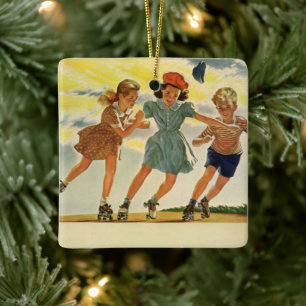 Ornamento De Cerâmica Vintage Roller Patinando crianças divertidas Menin