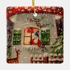 Ornamento De Cerâmica Vintage Santa Claus Gnomo Em Mushroom House