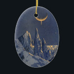 Ornamento De Cerâmica Vintage Science Ficet, Crescent Moon Snow Planet<br><div class="desc">Ilustração vintage: planetas futuristas de ficção científica e imagem espacial. Um 50 de quadrinhos retrô sci fi com um planeta estrangeiro coberto de gelo e neve à noite com uma lua crescente sobre as montanhas no inverno.</div>