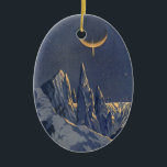 Ornamento De Cerâmica Vintage Science Ficet, Crescent Moon Snow Planet<br><div class="desc">Ilustração vintage: planetas futuristas de ficção científica e imagem espacial. Um 50 de quadrinhos retrô sci fi com um planeta estrangeiro coberto de gelo e neve à noite com uma lua crescente sobre as montanhas no inverno.</div>