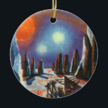 Ornamento De Cerâmica Vintage Science Ficting Planeta Estrangeiro com Al<br><div class="desc">Ilustração vintage: planetas futuristas de ficção científica e imagem espacial. Um clássico 50 de quadrinhos retrô com aliens de ficção científica olhando para vários sóis em um planeta com formações geológicas de rocha altas.</div>