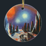 Ornamento De Cerâmica Vintage Science Ficting Planeta Estrangeiro com Al<br><div class="desc">Ilustração vintage: planetas futuristas de ficção científica e imagem espacial. Um clássico 50 de quadrinhos retrô com aliens de ficção científica olhando para vários sóis em um planeta com formações geológicas de rocha altas.</div>