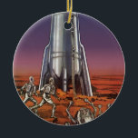Ornamento De Cerâmica Vintage Science Fiction, Astronautas Beetle Aliens<br><div class="desc">Imagem de vintage: viagem de ficção científica futurista e imagem de foguete de transporte. Astronautas correndo até seu foguete escapando de aliens em forma de besouro em um planeta estrangeiro tentando voltar para a terra. Um clássico design de ficção científica de quadrinhos retrógrados do 50 do futuro.</div>