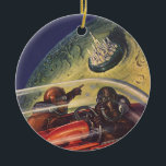 Ornamento De Cerâmica Vintage Science Fiction, Futurística City on Moon<br><div class="desc">Imagem de viagem de ilustração venenosa e ficção científica de transporte apresentando um clássico livro em quadrinhos retrô sci fi espaço e imagem planetária de astronautas ou aliens viajando em uma espaçonave voando sobre uma metrópole futurista na lua.</div>