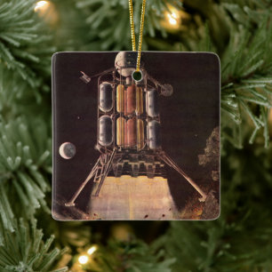 Ornamento De Cerâmica Vintage Science Fiction Rocket explode fora do pla
