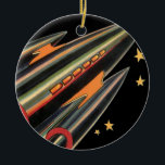 Ornamento De Cerâmica Vintage Science Fiction Roket Ship by Space Stars<br><div class="desc">Ilustração de safra futurista e imagem de ficção científica de planetas. Um clássico design de ficção científica em quadrinhos retrô,  do futuro,  com um viagem e um foguete de transporte viajando pelo espaço através das estrelas e da lua no caminho de volta à Terra.</div>