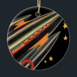 Ornamento De Cerâmica Vintage Science Fiction Roket Ship by Space Stars<br><div class="desc">Ilustração de safra futurista e imagem de ficção científica de planetas. Um clássico design de ficção científica em quadrinhos retrô,  do futuro,  com um viagem e um foguete de transporte viajando pelo espaço através das estrelas e da lua no caminho de volta à Terra.</div>
