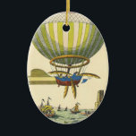 Ornamento De Cerâmica Vintage Science Fiction Steampunk Hot Air Balloon<br><div class="desc">Vintage illustration Victorian Science Fiction futuristic travel and transportation steam punk image. A hot air balloon (a dirigible) with wings flying over the ocean with ships. A castle is on land and a crowd of people are on the shore by the sea. A classic retro comic book sci fi design...</div>