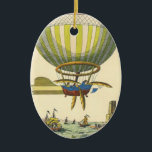 Ornamento De Cerâmica Vintage Science Fiction Steampunk Hot Air Balloon<br><div class="desc">Vintage illustration Victorian Science Fiction futuristic travel and transportation steam punk image. A hot air balloon (a dirigible) with wings flying over the ocean with ships. A castle is on land and a crowd of people are on the shore by the sea. A classic retro comic book sci fi design...</div>