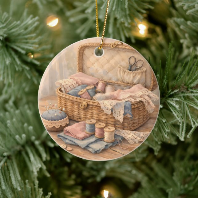 Ornamento De Cerâmica Vintage Sewing Basket Cottagecore Pastel (Árvore)
