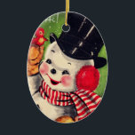 Ornamento De Cerâmica Vintage Snowman com Red Bird<br><div class="desc">Homem de neve retrô no chapéu e cachecol segurando um passarinho vermelho.</div>