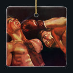 Ornamento De Cerâmica Vintage Sports Boxers, Boxers Punindo a Luta<br><div class="desc">Ilustração venenosa de boxe esportiva com dois caças no anel. Os homens estão lutando,  um boxer dá um soco enquanto seu oponente está prestes a cair no tapé.</div>