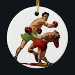 Ornamento De Cerâmica Vintage Sports Boxing, Boxers em uma Luta<br><div class="desc">Ilustração venenosa de boxe desportiva combina design com dois caças no anel. Os homens estão lutando,  um boxeador dá um soco e o outro desce para a contagem.</div>