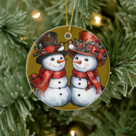 Ornamento De Cerâmica Vintage Sr. e Sra. Snowman