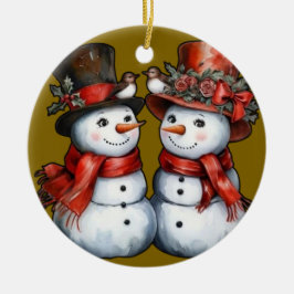 Ornamento De Cerâmica Vintage Sr. e Sra. Snowman