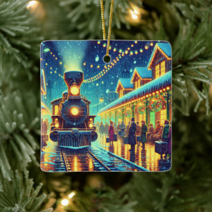 Ornamento De Cerâmica Vintage Trains on a Snowy Night Personalizado