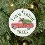 Ornamento De Cerâmica Vintage Tree Fazenda Red Christmas Truck<br><div class="desc">Um design de aquarela,  pintado pelo proprietário do compro. Uma carrinha vermelha vintage arrastando uma árvore de Natal.</div>