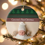 Ornamento De Cerâmica Vintage Tree Pattern Baby's First Christmas Photo<br><div class="desc">Um padrão de natal vintage e suéter de argyle acima do seu texto personalizado para o primeiro Natal do seu bebê. Personalize esses enfeites de Natal com uma bela foto de recém-nascido sob o design verde e vermelho do Natal. Um costume excelente presente para novos avós.</div>