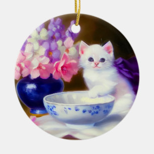 Ornamento De Cerâmica Vintage White Kitten com Fita Roxa