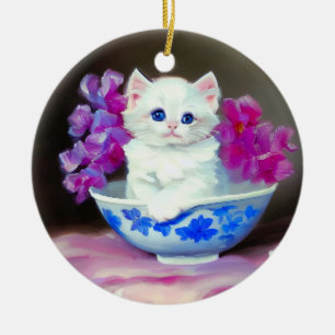 Ornamento De Cerâmica Vintage White Kitten com Flores Rosa