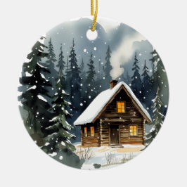 Ornamento De Cerâmica Vintage Winter Cabin Watercolor Christmas