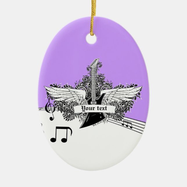 Ornamento De Cerâmica Violão elétrico preto branco roxo com asas (Frente)