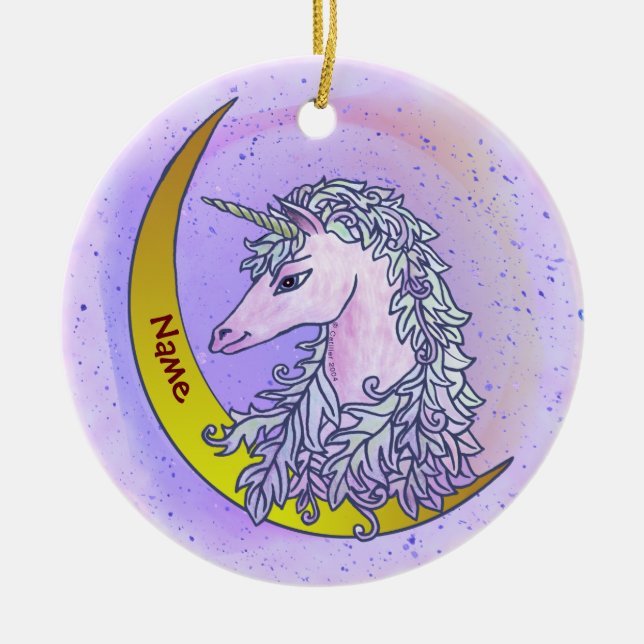 Ornamento De Cerâmica Violet Night Moon Unicorn (Frente)