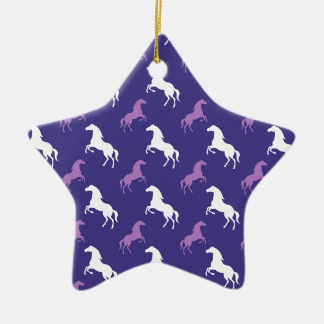 Ornamento De Cerâmica Violeta Roxo e Cavalo Branco; Equestre (Frente)