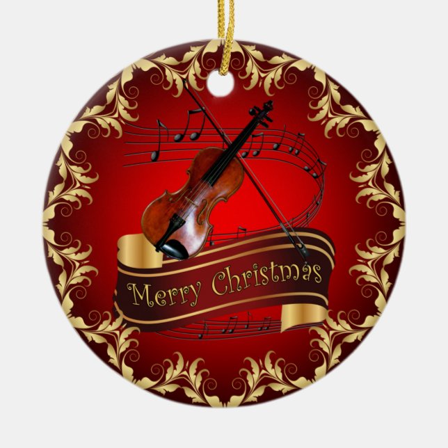 Ornamento De Cerâmica Violin ~ Musical Scroll ~ Feliz Natal ~ * ~ (Frente)