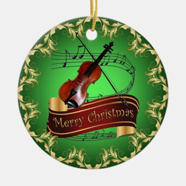 Ornamento De Cerâmica Violin ~ Musical Scroll ~ Feliz Natal ~ * ~ (Frente)