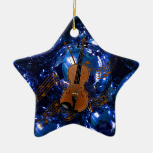 Ornamento De Cerâmica Violino em Balas Azuis de Natal