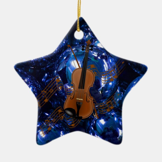 Ornamento De Cerâmica Violino em Balas Azuis de Natal (Frente)