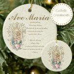 Ornamento De Cerâmica Virgem Católica Mary Ave Maria Baby Jesus Floral<br><div class="desc">Esta é uma bela imagem católica personalizada desenhada tradicional da Virgem Abençoada Mary segurando o Bebê Jesus com rosas vintage encapotados em uma Cruz Marian com a Ave Maria em Latim. O fundo é um design de renda de marfim branco. A parte de trás do ornamento tem uma versão maior...</div>