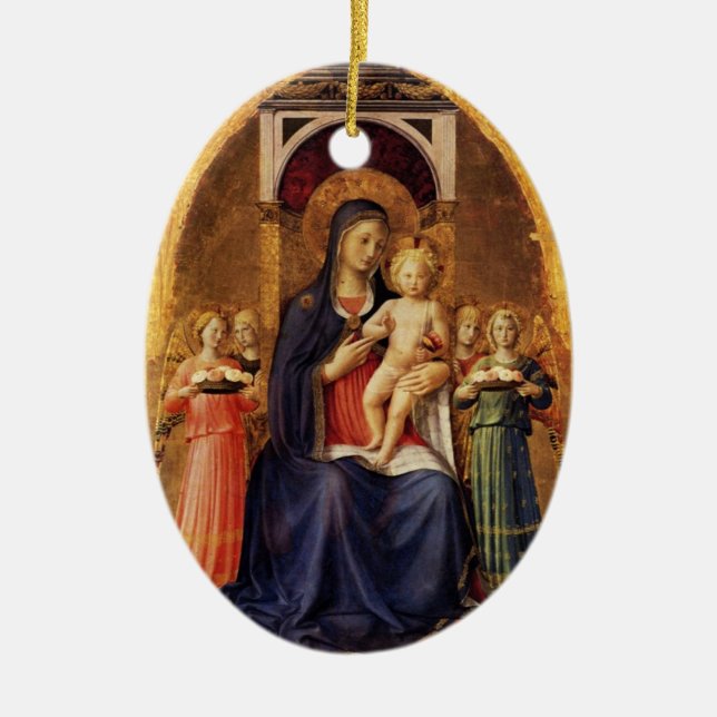 Ornamento De Cerâmica VIRGEM COM CRIANÇAS E ÂNGULOS, Sapphire Azul (Frente)