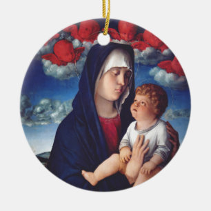 Ornamento De Cerâmica Virgem Maria com Jesus bebê e cereias vermelhas